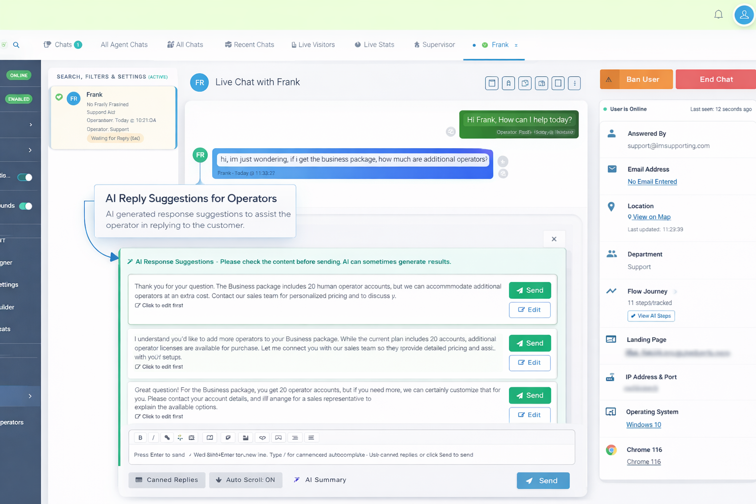 AI reply suggestions panel inside the operator chat console