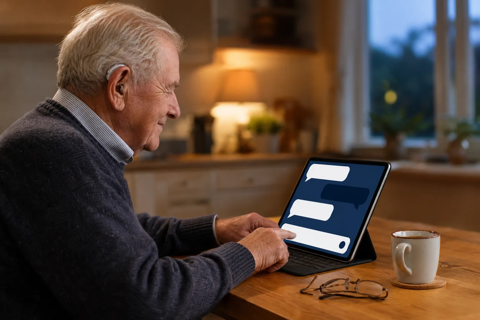 Older man with a hearing aid smiling as he types to his council on a tablet with a large, high-contrast chat window