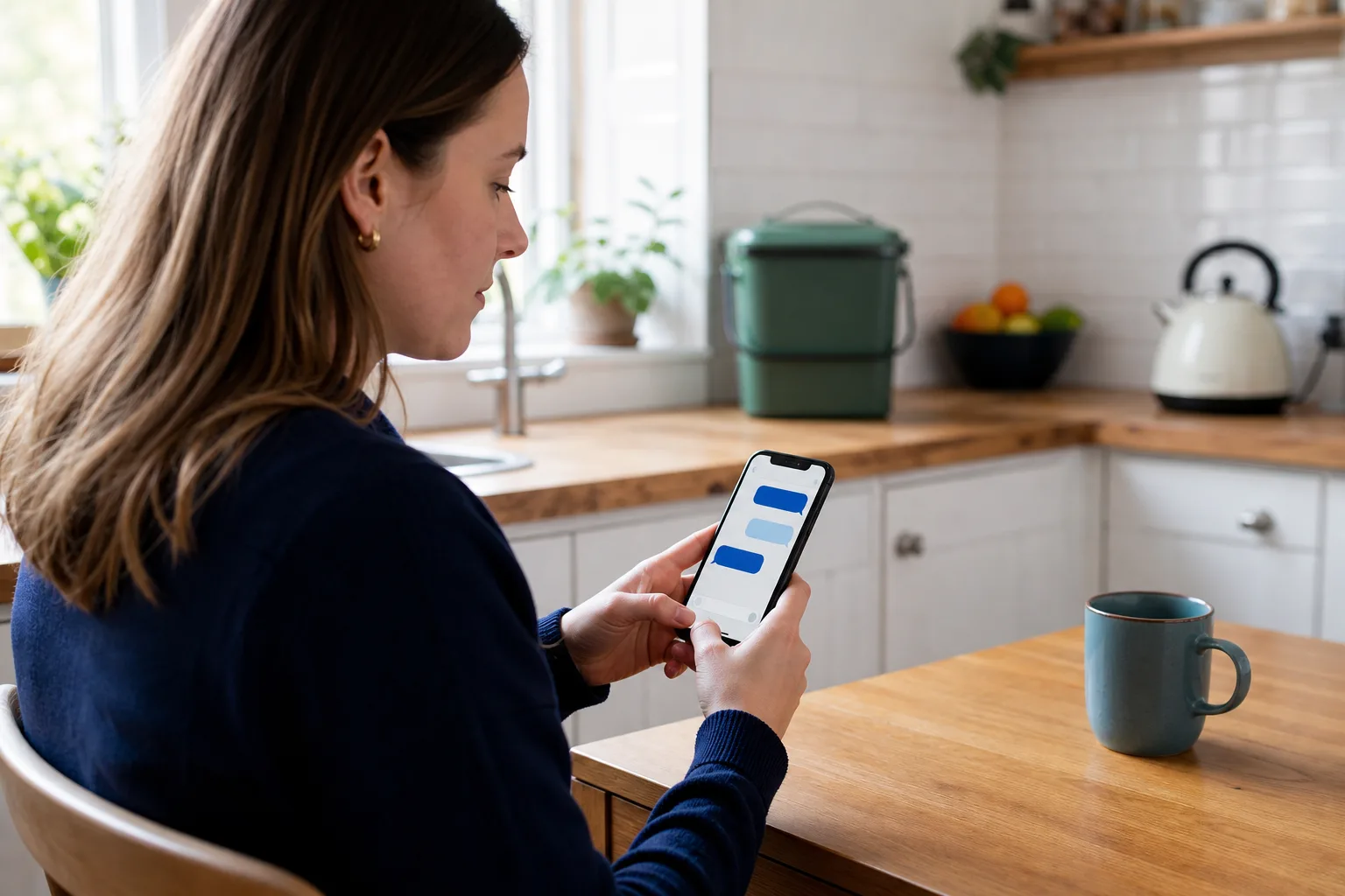Resident at a kitchen table using her council's live chat on a smartphone, with a food waste caddy on the worktop behind her