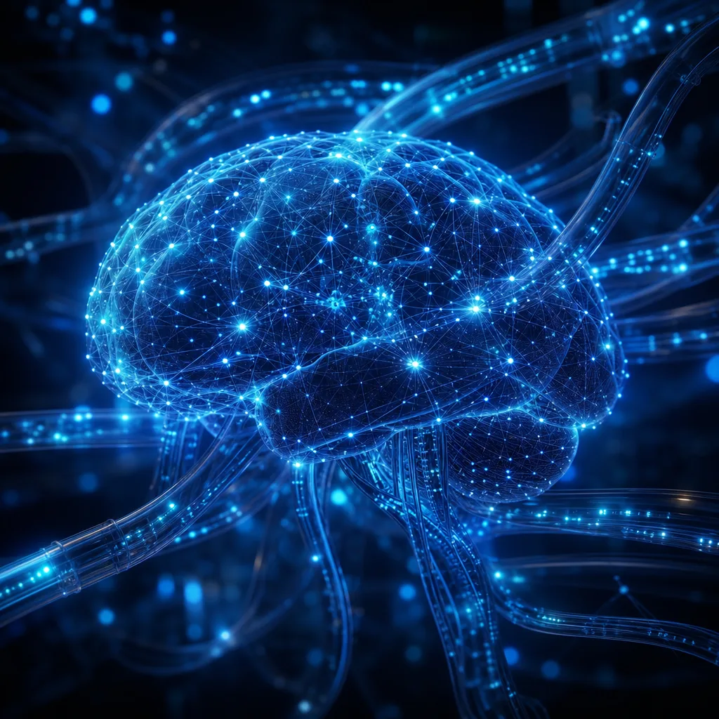 AI neural network visualization with glowing connected nodes