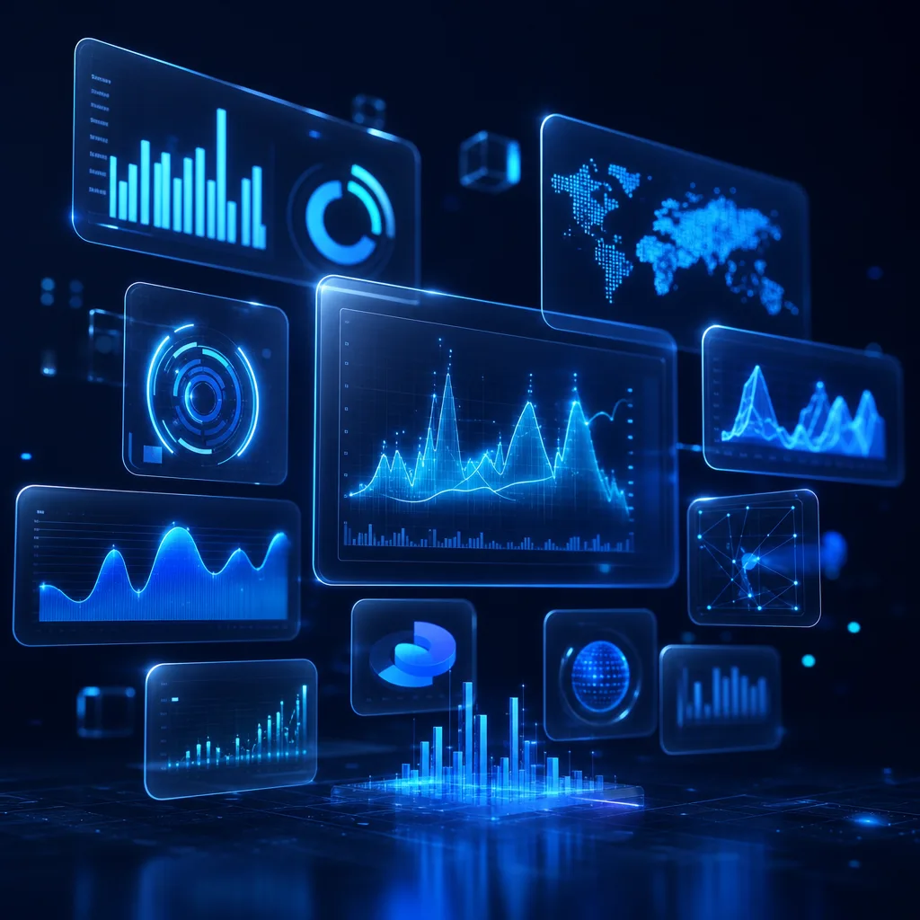 Holographic analytics dashboard with glowing charts and data visualizations