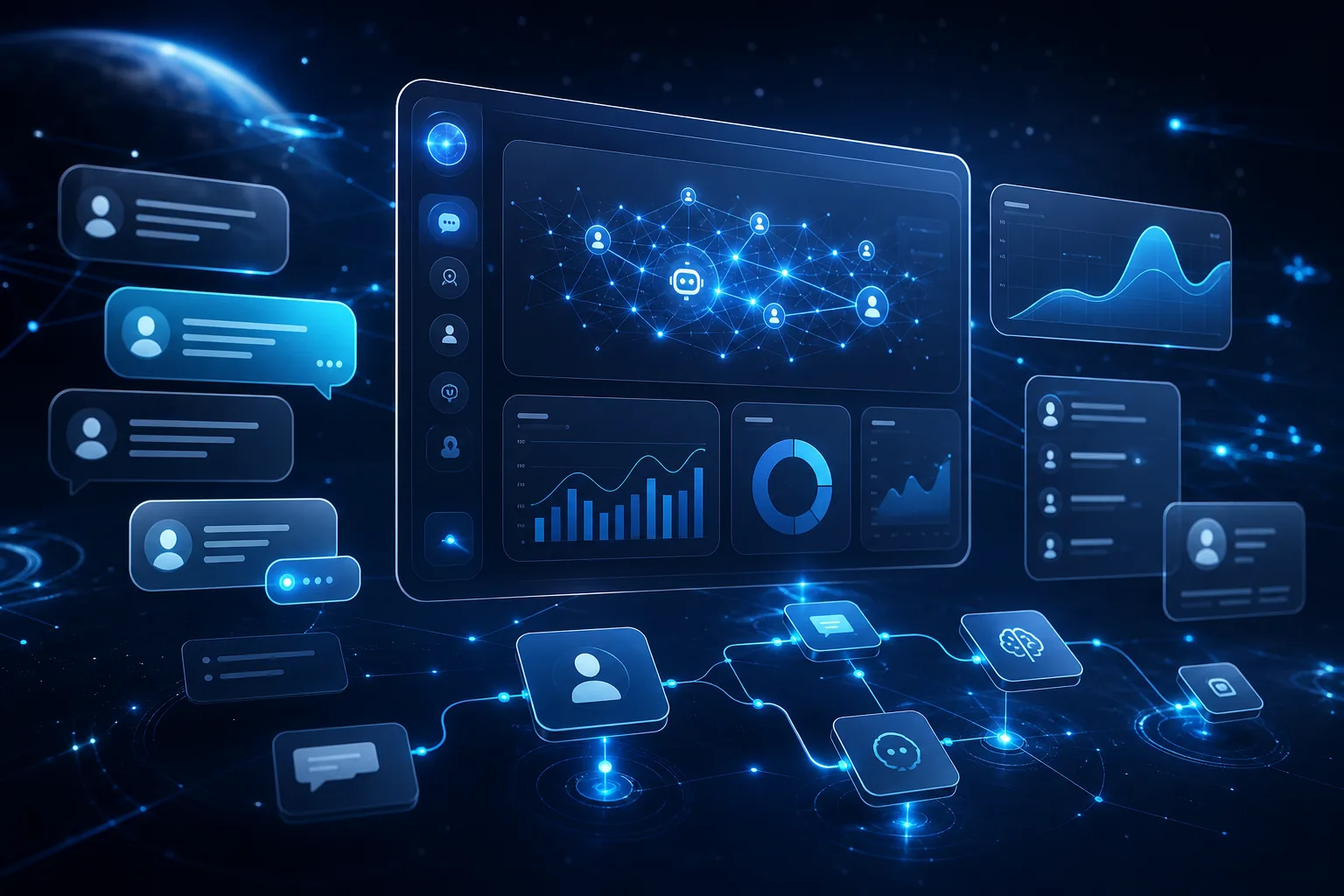IMsupporting hybrid AI live chat platform with floating dashboard panels and neural network connections