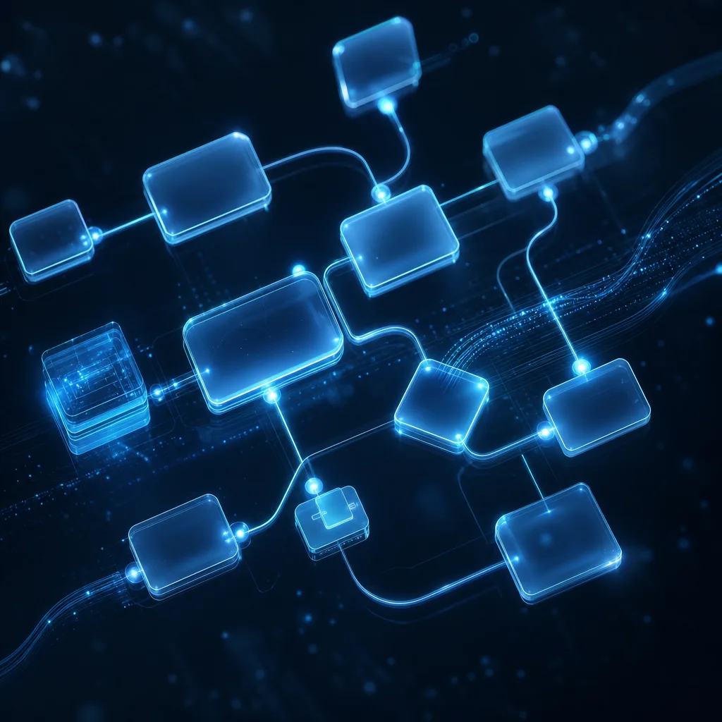 Visual workflow builder with interconnected nodes and glowing connections