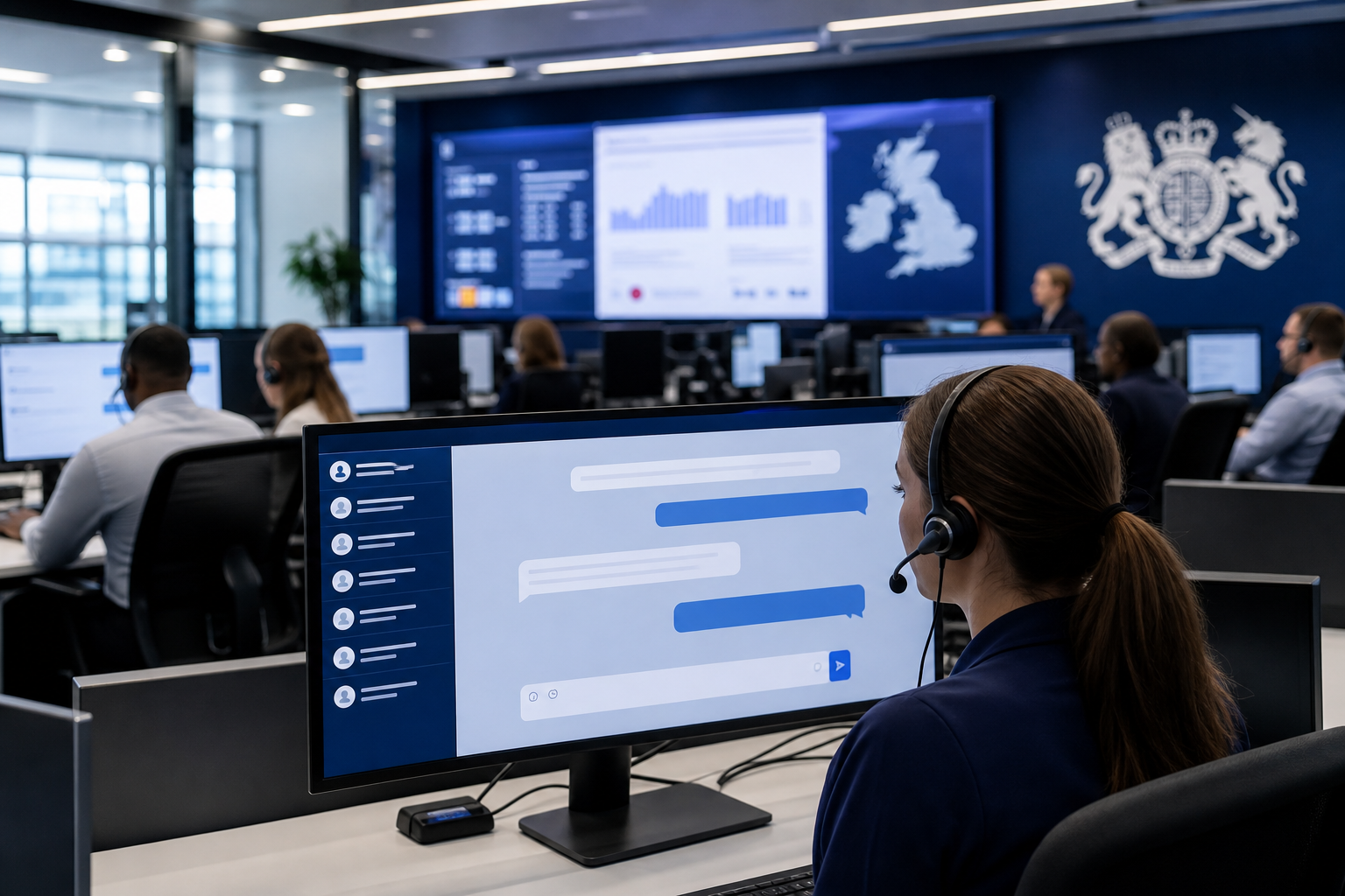 Government and public sector contact centre operators using live chat software on screens
