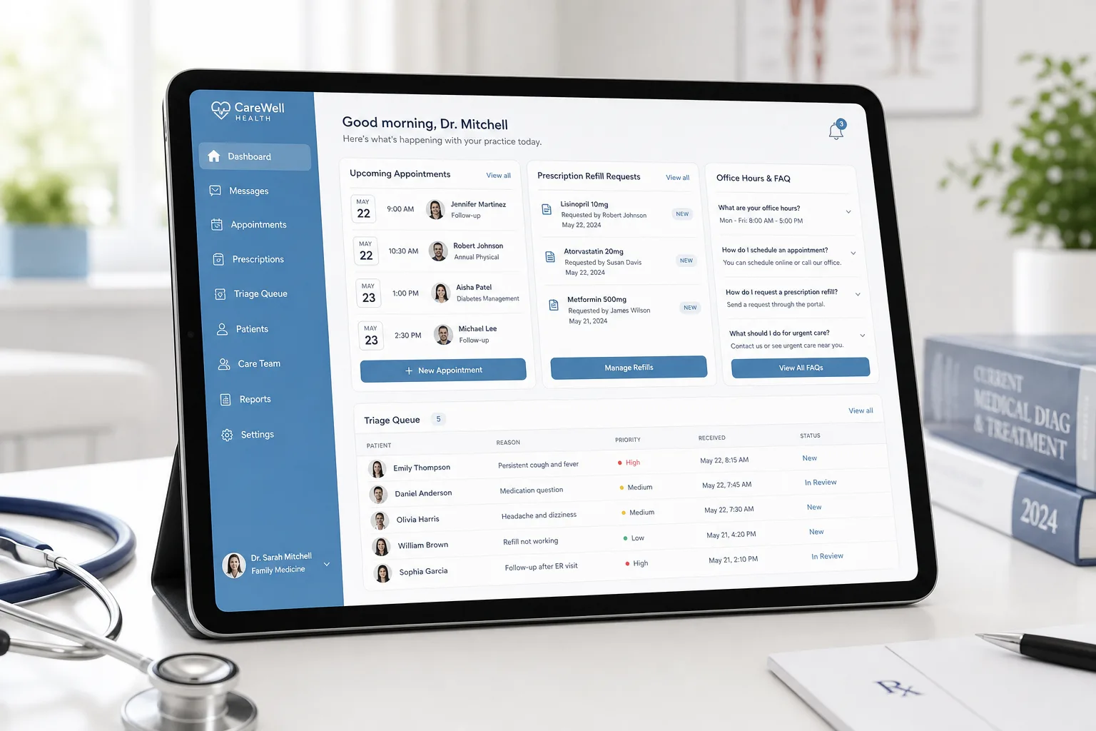 Healthcare clinic dashboard showing patient communication and appointment scheduling with IMSupporting AI chat