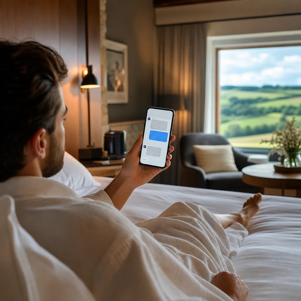 Hotel guest relaxing in a boutique hotel room using a smartphone to chat with an AI concierge about restaurant recommendations and late checkout