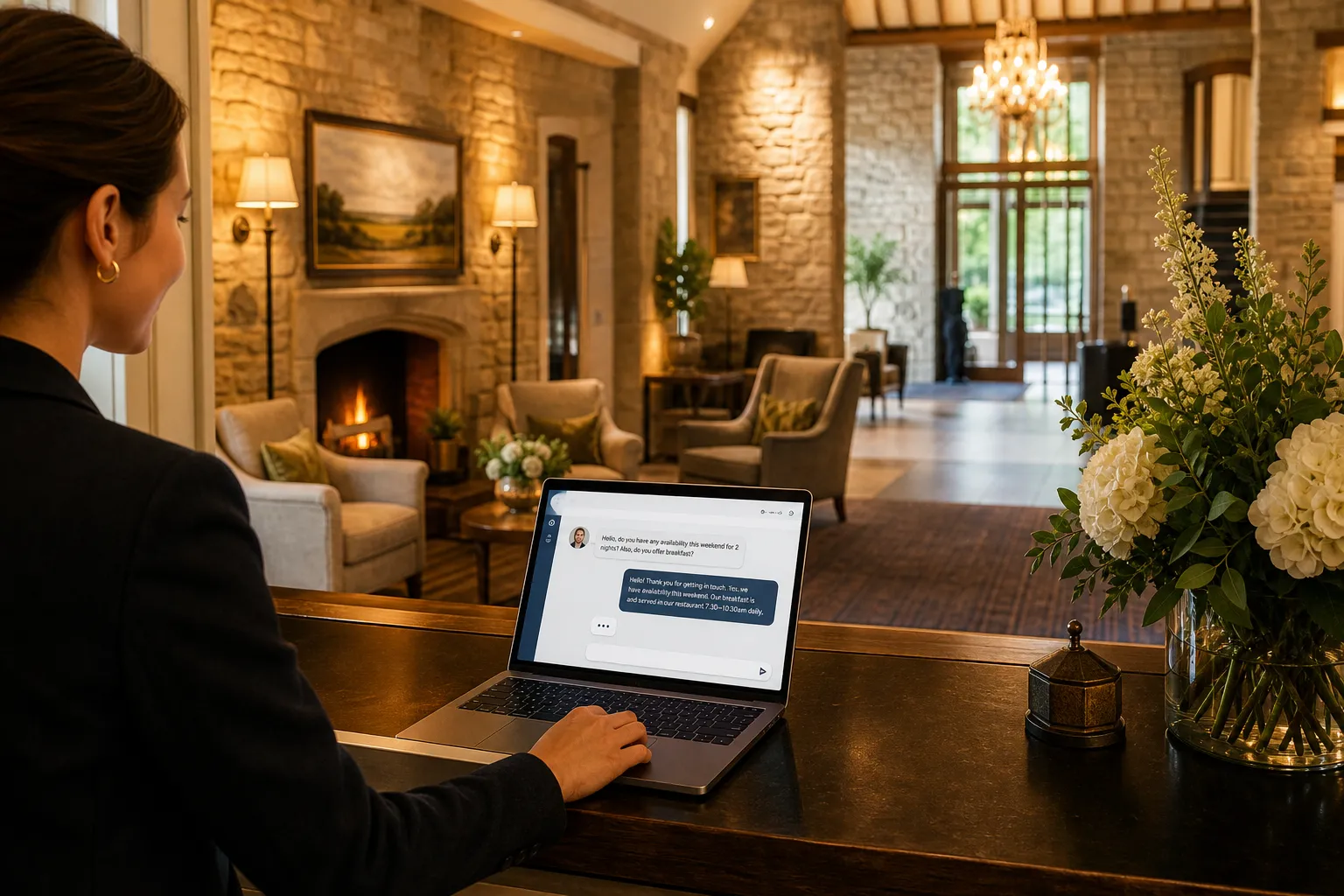 UK boutique hotel reception lobby with warm ambient lighting and a live chat widget on the front-desk laptop capturing a guest booking enquiry