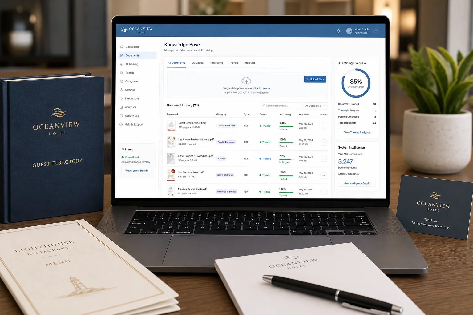 Hotel knowledge base dashboard showing guest directory and RAG document upload with IMSupporting AI