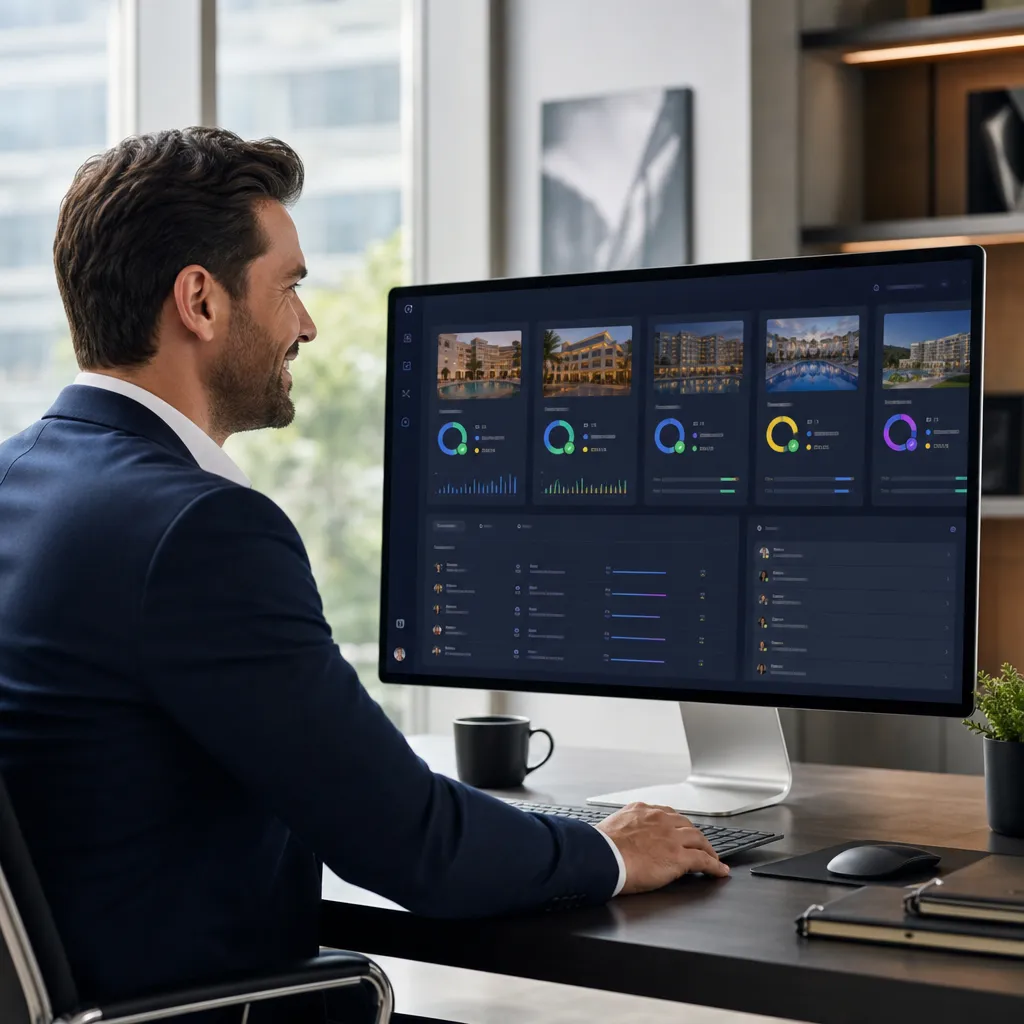 Hotel operations manager reviewing a multi-property chat analytics dashboard showing satisfaction scores, enquiry volumes and live conversation queues across six UK hotel properties