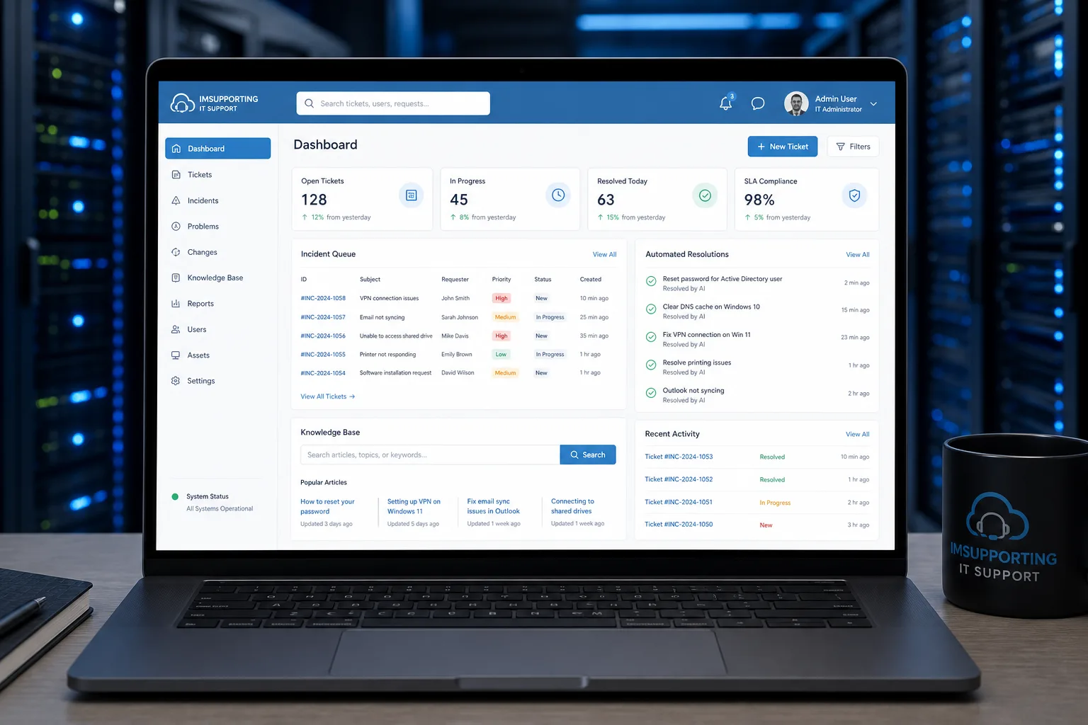 IT support help desk dashboard showing ticket management and automated resolution with IMSupporting AI chat