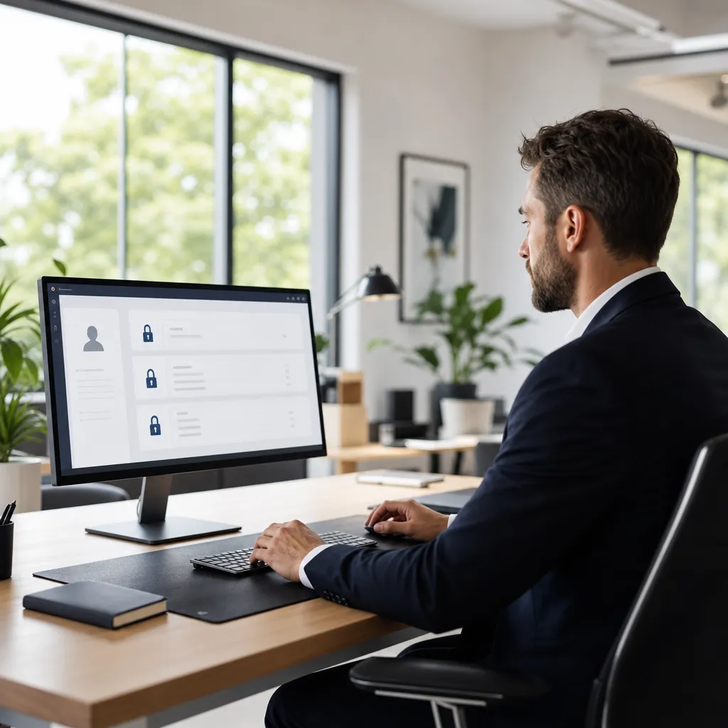 UK solicitor at a modern desk reviewing a secure client intake dashboard with data protection icons, representing GDPR-compliant legal chat software