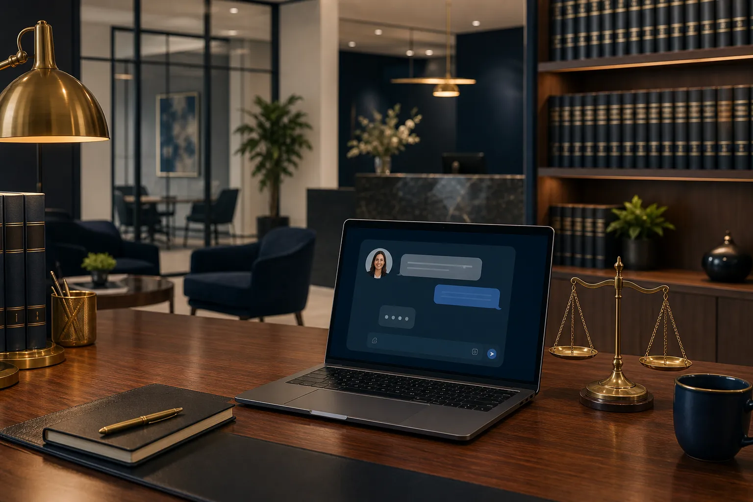 UK law firm solicitor's office with a laptop showing a live chat client intake widget capturing structured enquiry details