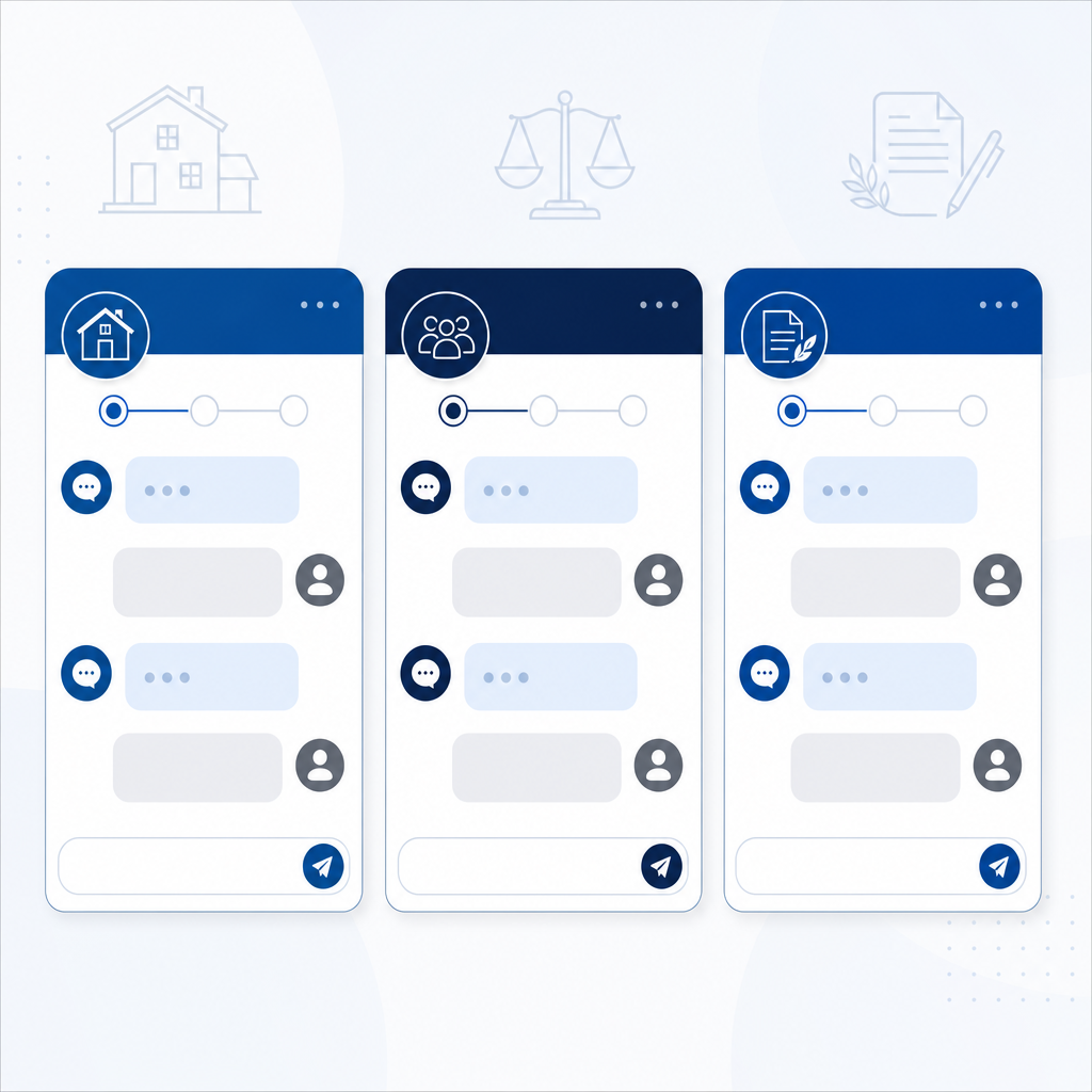 Three parallel legal practice area chat workflows side by side: property conveyancing, family law, and wills and probate intake conversations