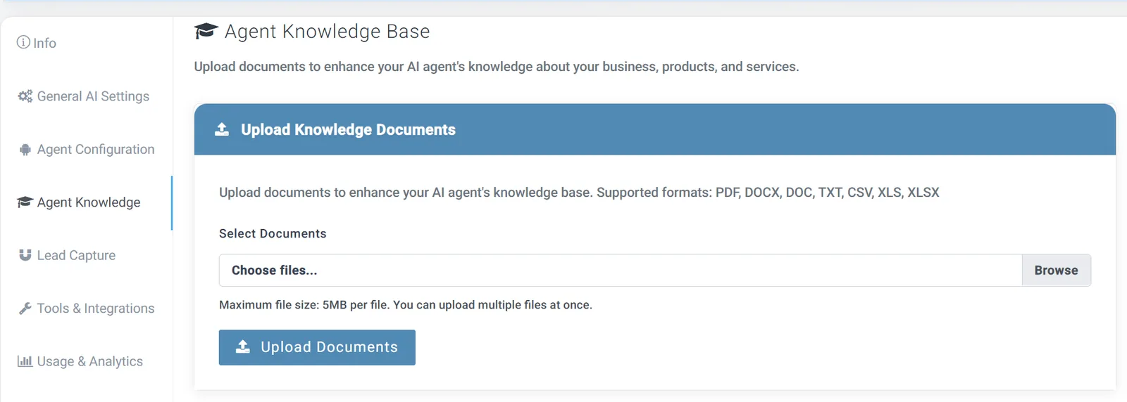 IMsupporting Agent Knowledge Base screen for uploading PDF, DOCX, DOC, TXT, CSV, XLS and XLSX documents up to 5MB each