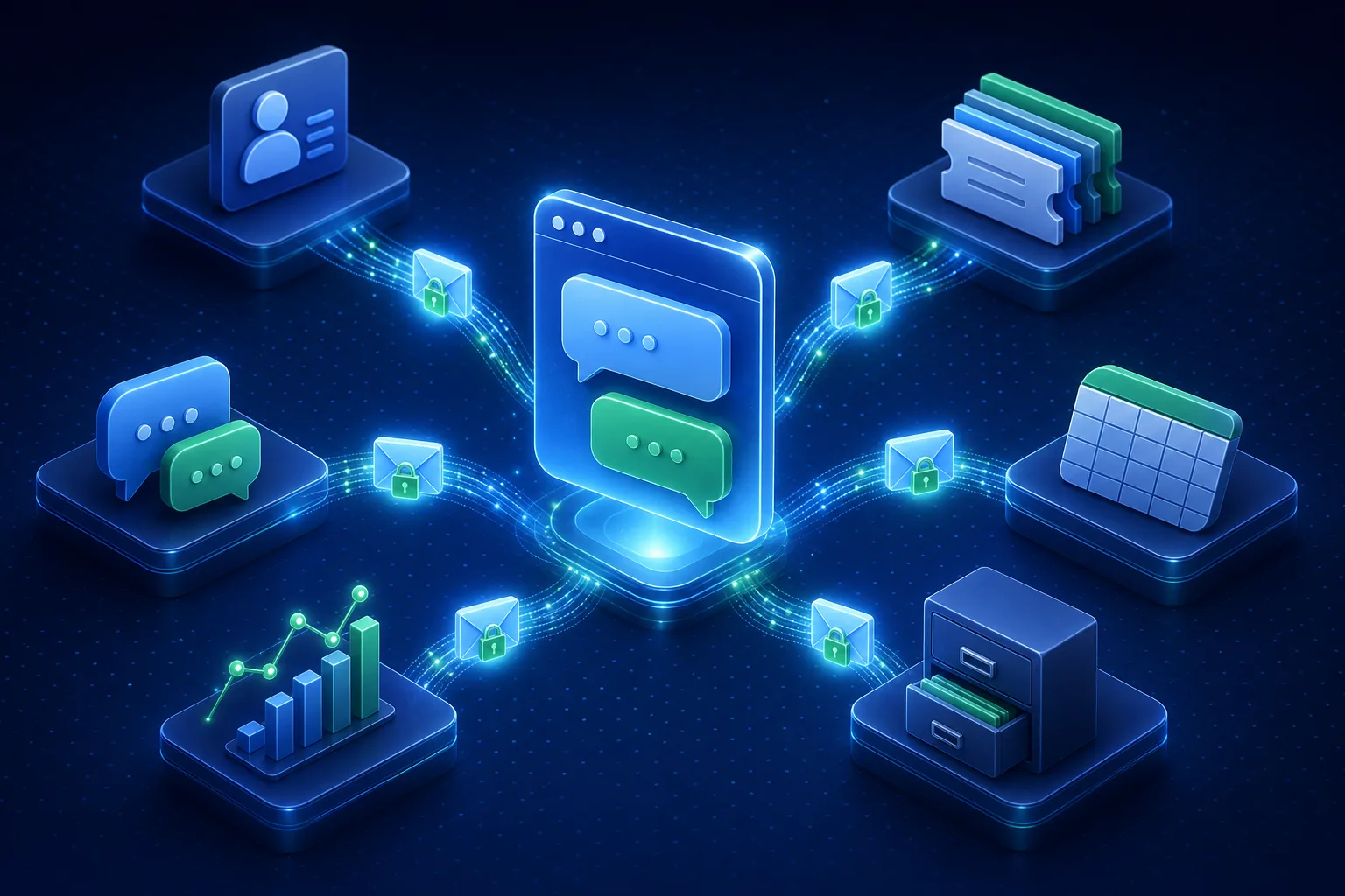 A live chat window in the centre sending signed, padlocked events along beams of light to a CRM contact card, a helpdesk ticket stack, a spreadsheet, a team chat, an analytics chart and a records archive