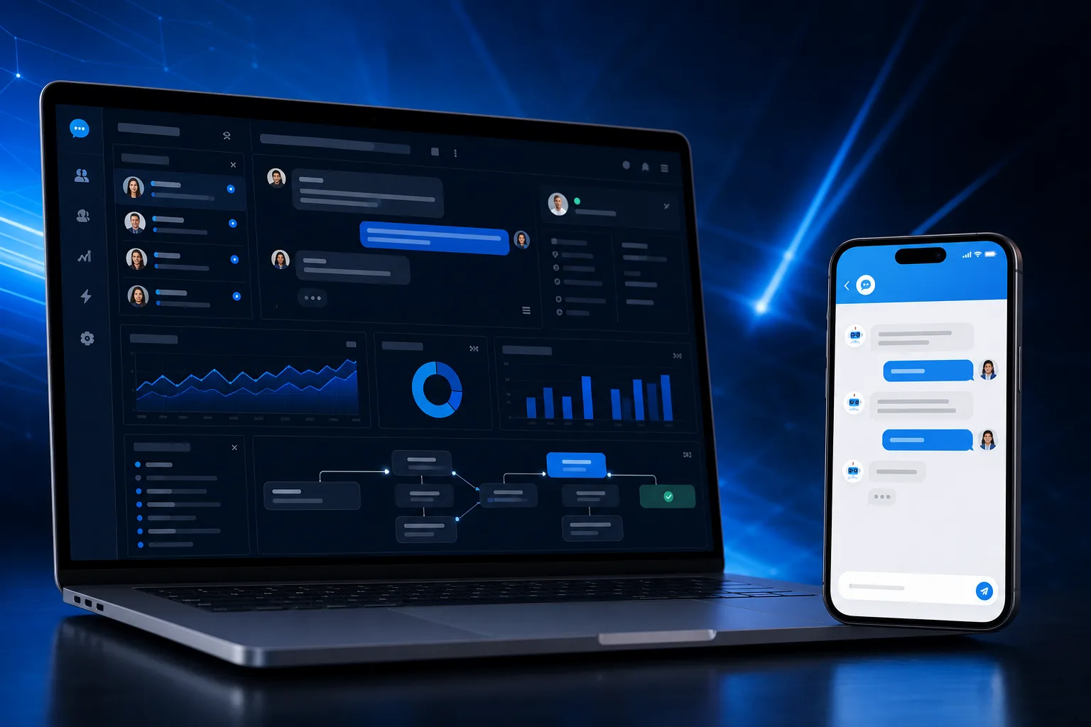 IMSupporting hybrid AI live chat platform showing the admin dashboard and chat widget on laptop and mobile devices