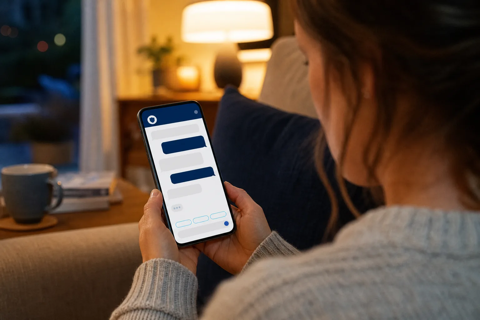 Member of the public using a police non-emergency live chat on a smartphone at home in the evening