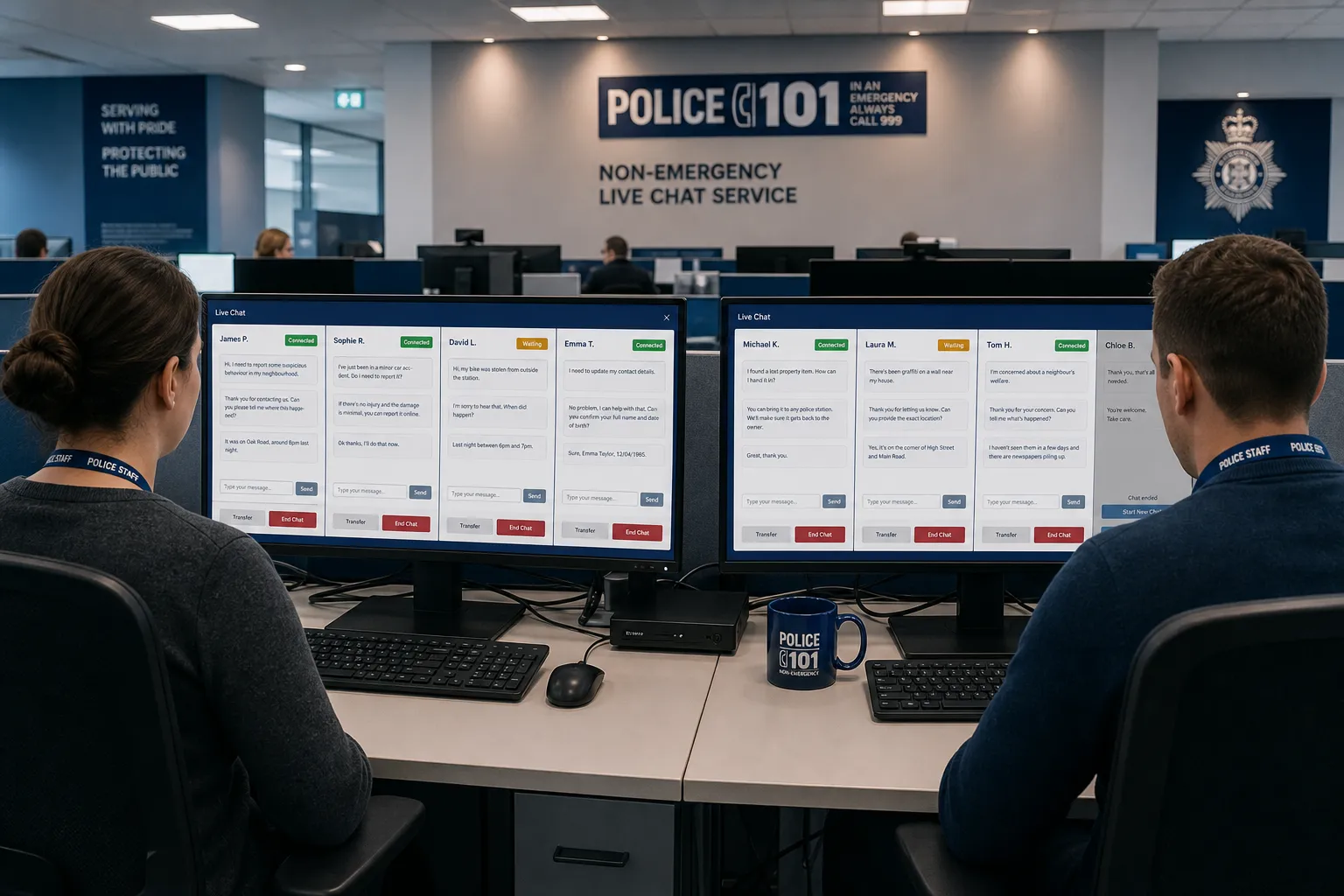 Police contact centre operators handling multiple simultaneous non-emergency live chat conversations across split-screen workstations