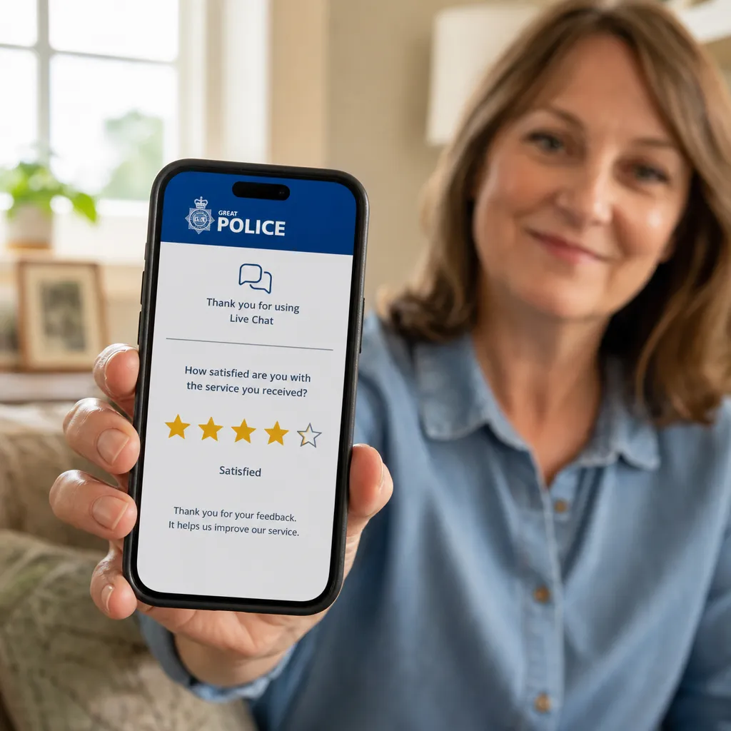 Member of the British public giving a satisfaction rating on their smartphone after completing a 101 non-emergency police live chat session