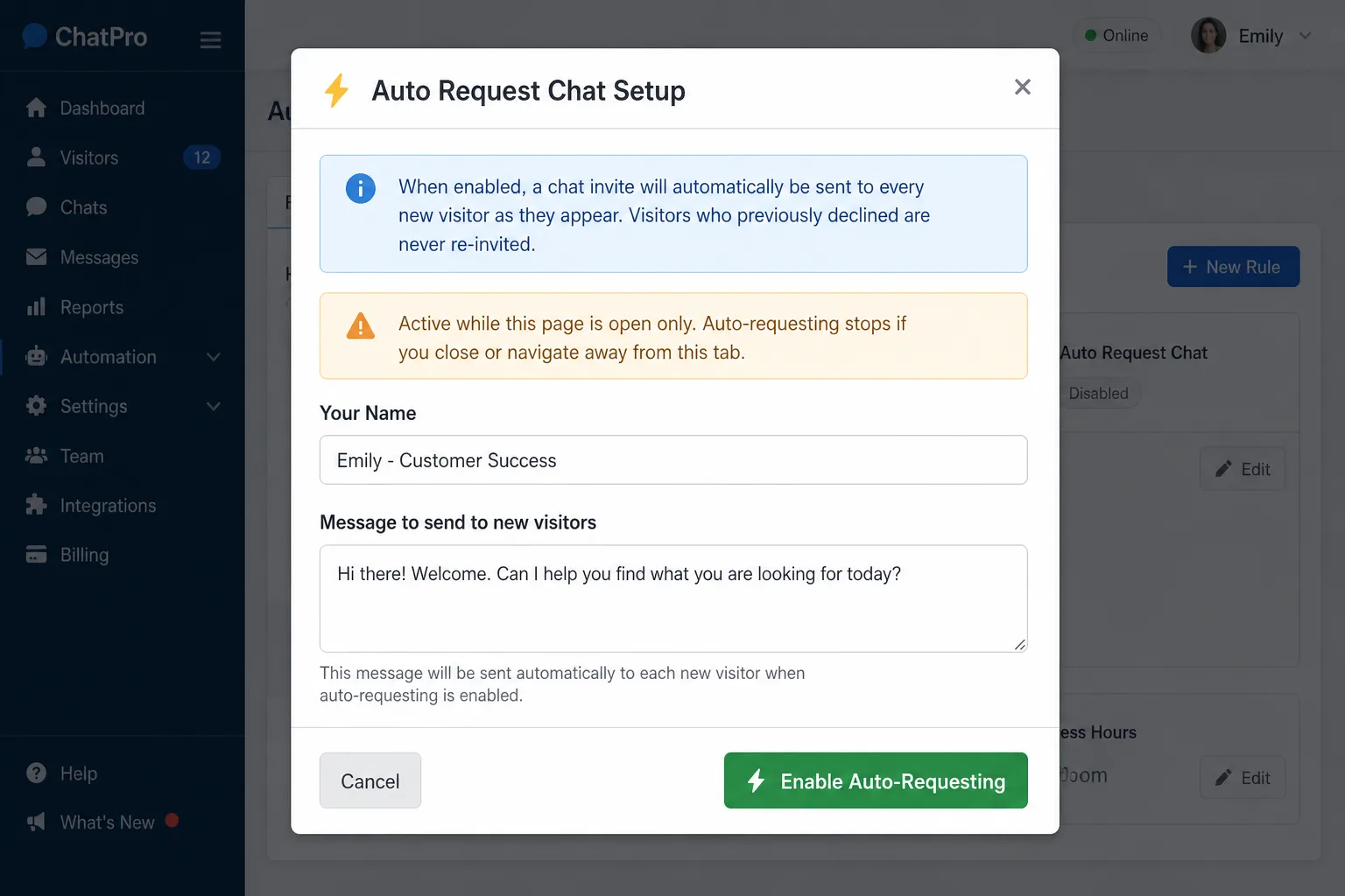 The Auto Request Chat Setup modal in IMSupporting, showing the operator name field, message textarea, info and warning alerts, and the green Enable Auto-Requesting button