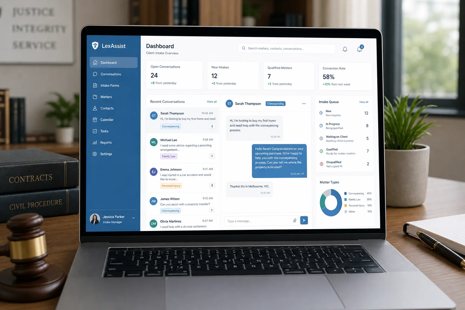 Solicitor client intake dashboard showing legal enquiry management with IMSupporting AI live chat