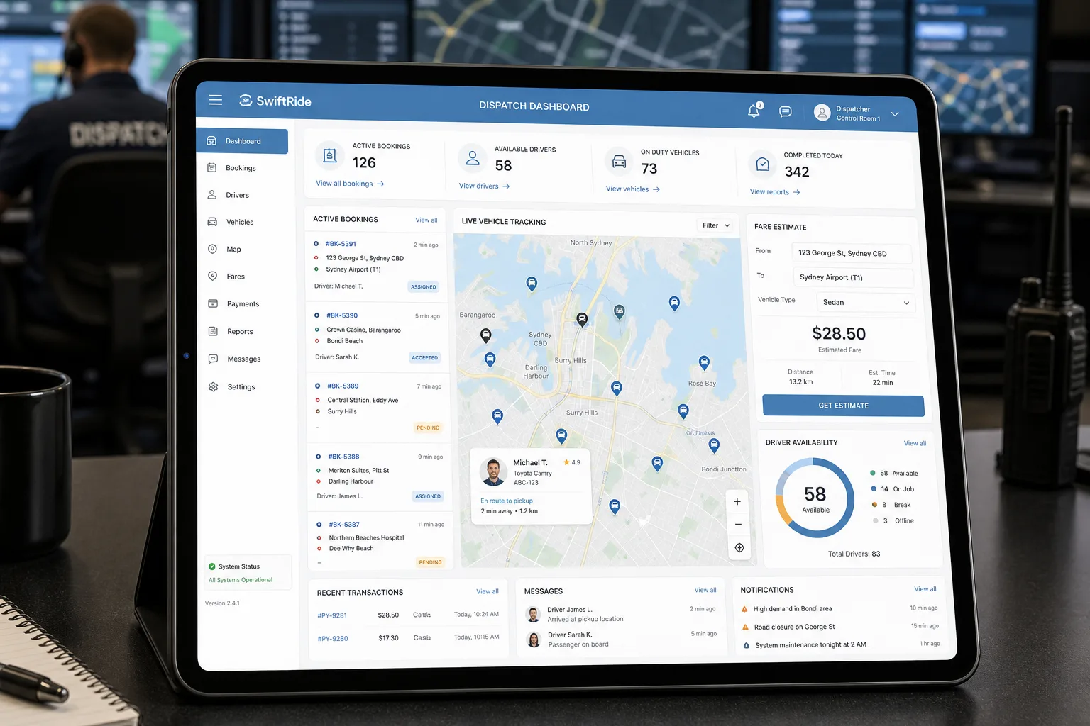 Taxi dispatch dashboard showing real-time bookings and driver tracking with IMSupporting AI chat