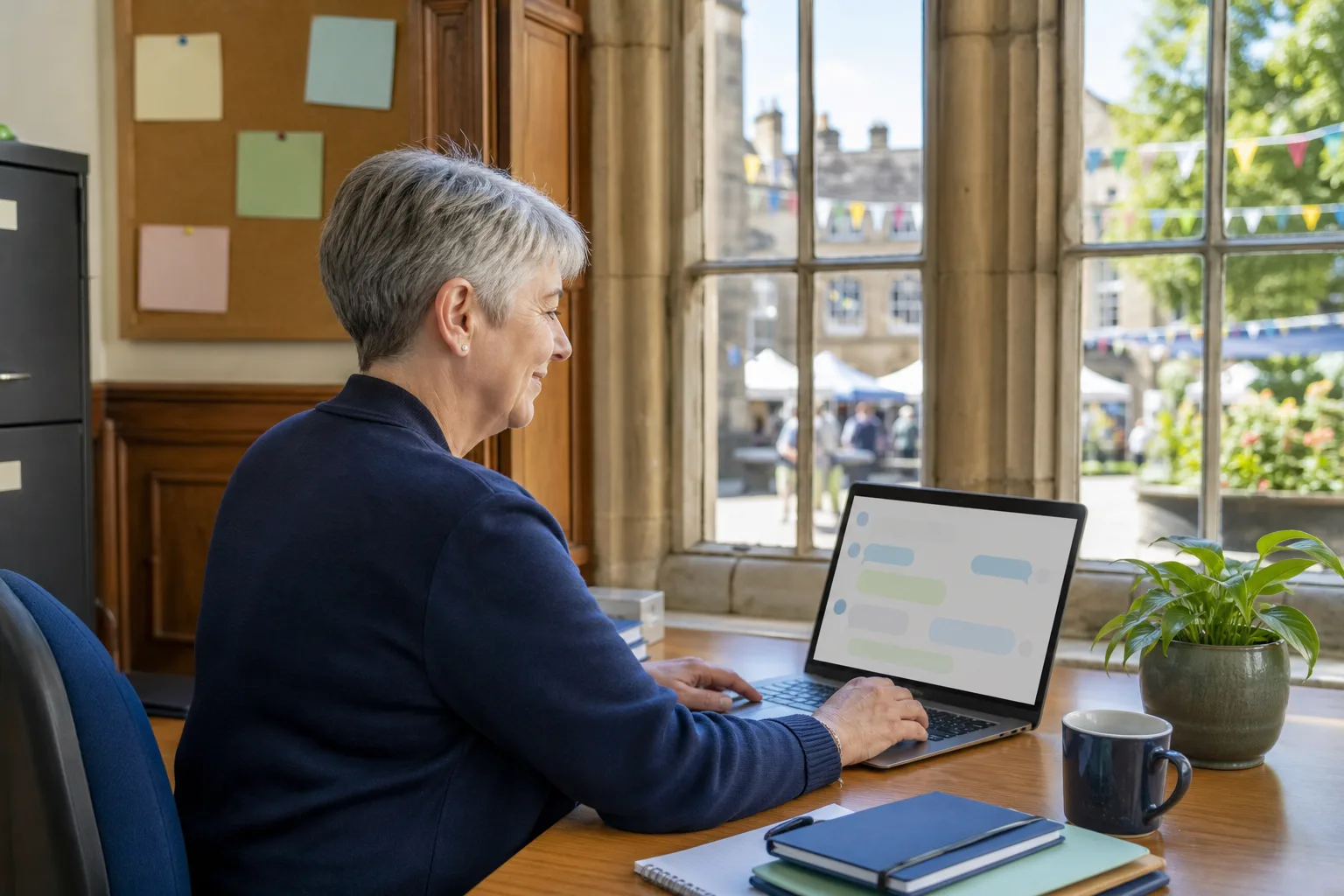 Town council clerk answering a resident's live chat on a laptop in a historic market town hall office