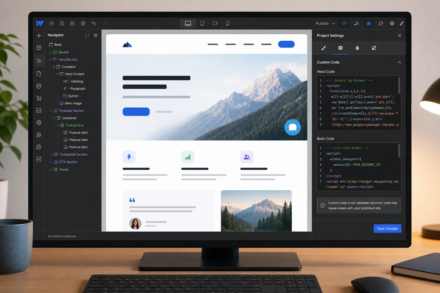 Webflow project with IMSupporting live chat widget installed