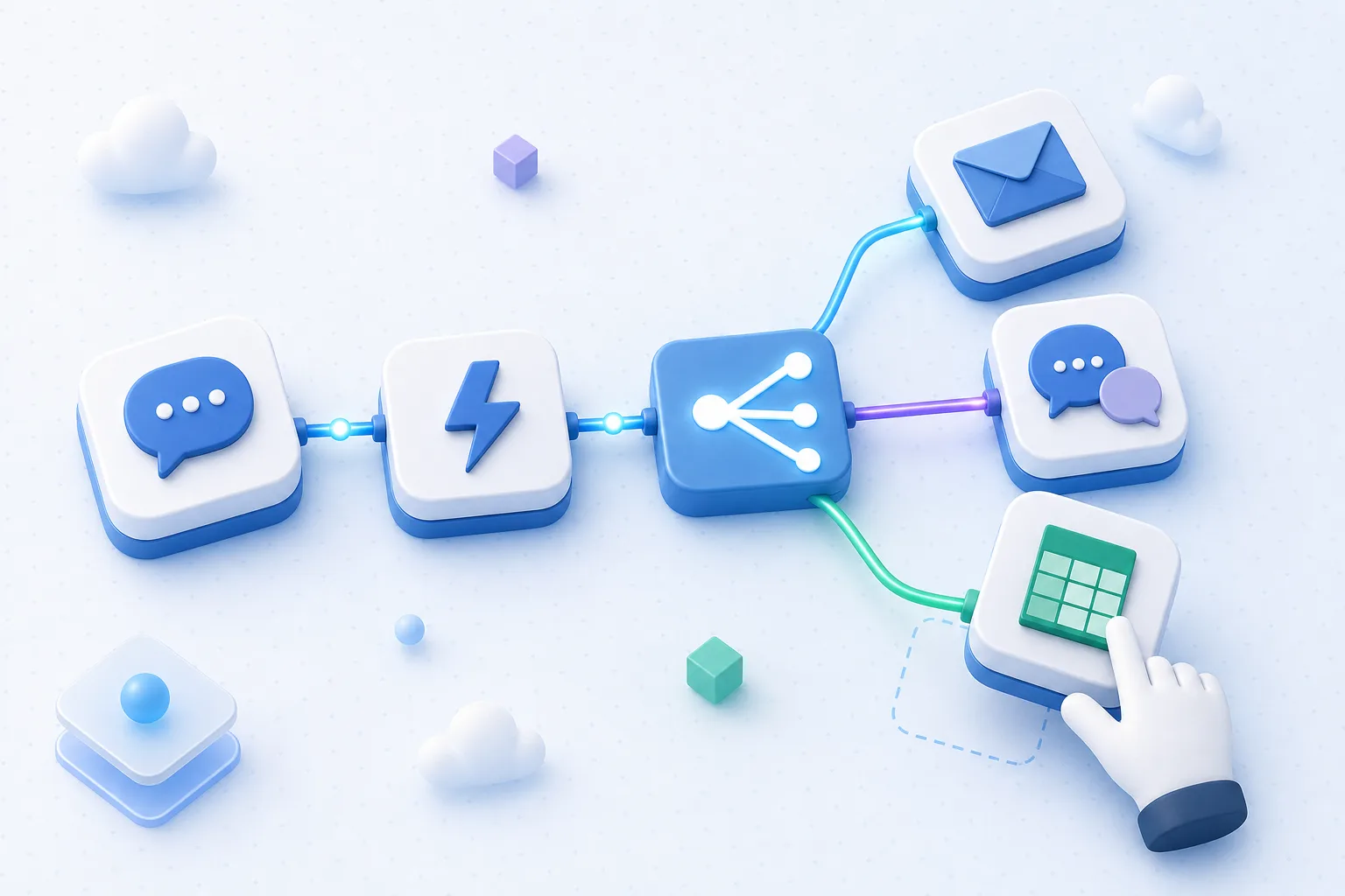 Rounded building blocks joined by glowing cables: a chat bubble, a lightning-bolt trigger and a branching junction leading to email, team chat and spreadsheet blocks, with a hand dragging one into place