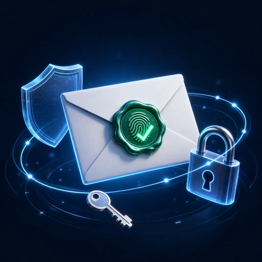 A sealed envelope with a green fingerprint wax seal and a tick, surrounded by a translucent shield, a padlock and a key on a dark blue background