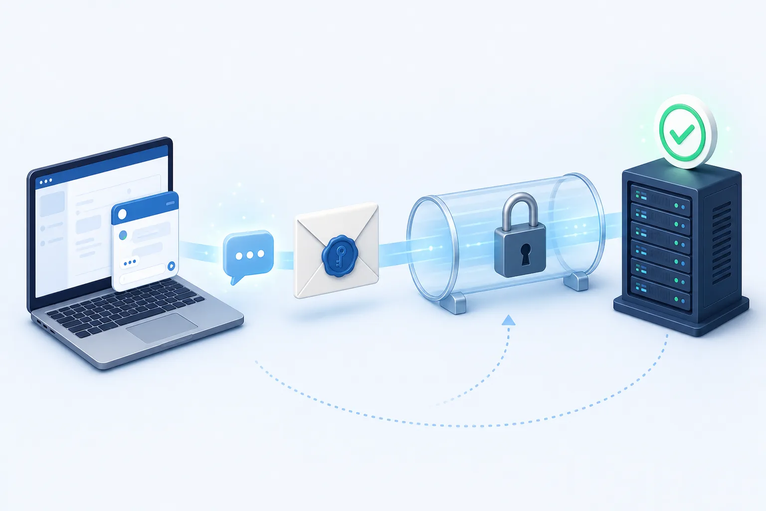 The journey of a webhook: a website chat on a laptop becomes a sealed envelope with a key-shaped wax seal, travels through a padlocked glass tunnel and arrives at a server with a green tick, with a dotted arrow looping back to show automatic retries