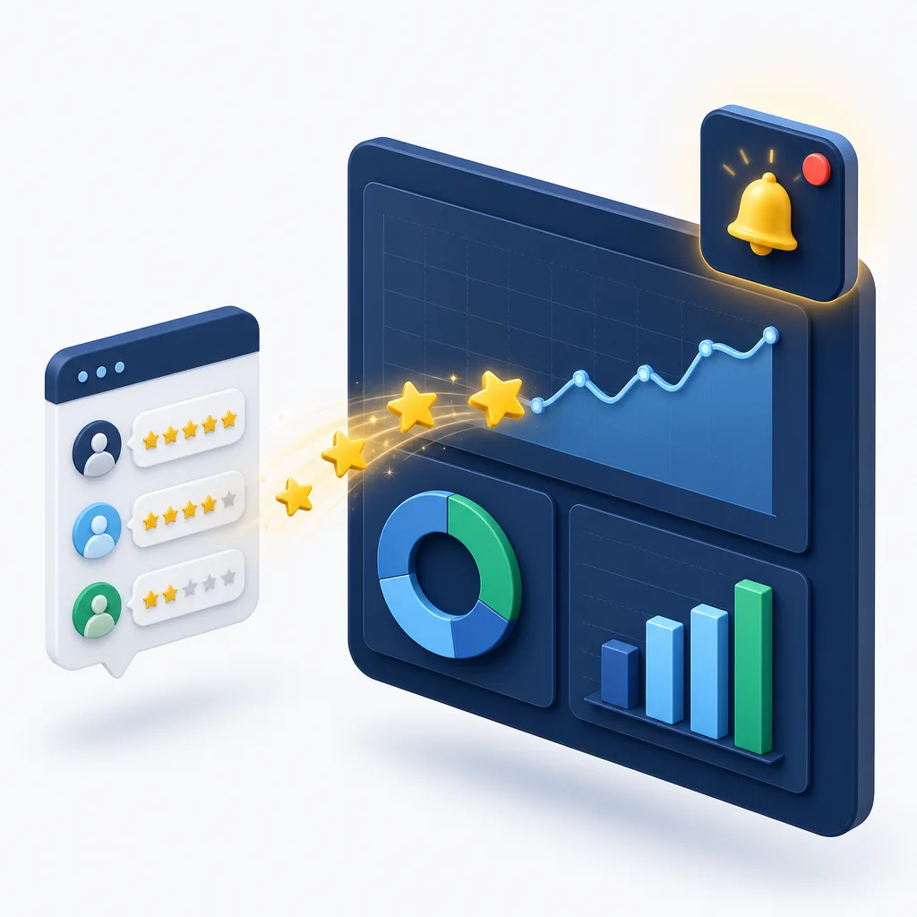 Golden rating stars stream from a list of chat reviews into an analytics dashboard with line, donut and bar charts, while a notification bell lights up