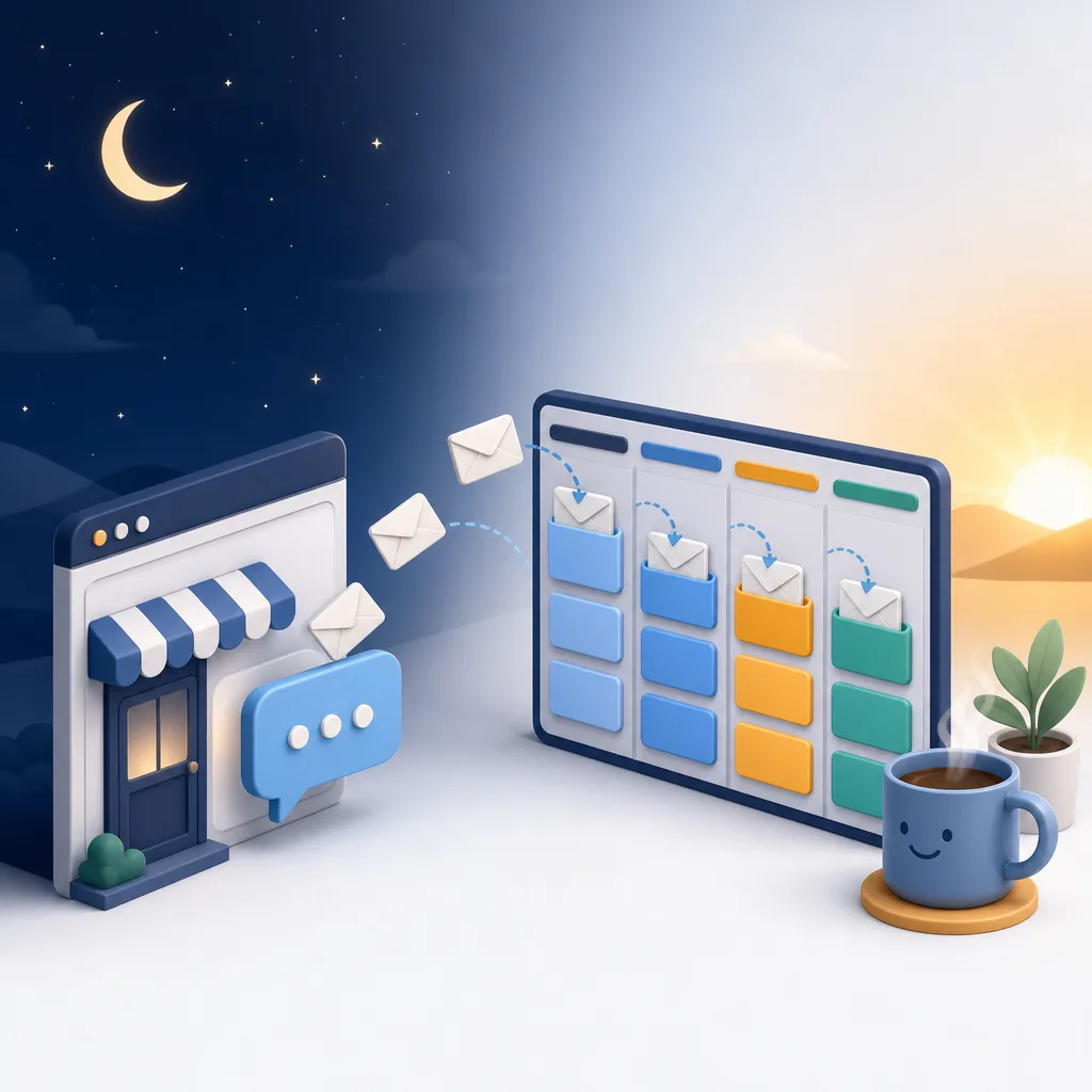 At night, envelopes fly out of a closed shop's chat bubble and drop into a kanban board as ticket cards, ready for the team at sunrise with a smiling coffee mug