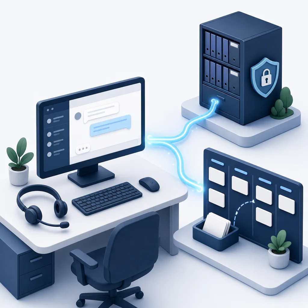 A public service contact centre desk with a headset and chat screen, linked by glowing lines to a secure records cabinet with a shield and padlock and to a task board where cards are sorted into lanes