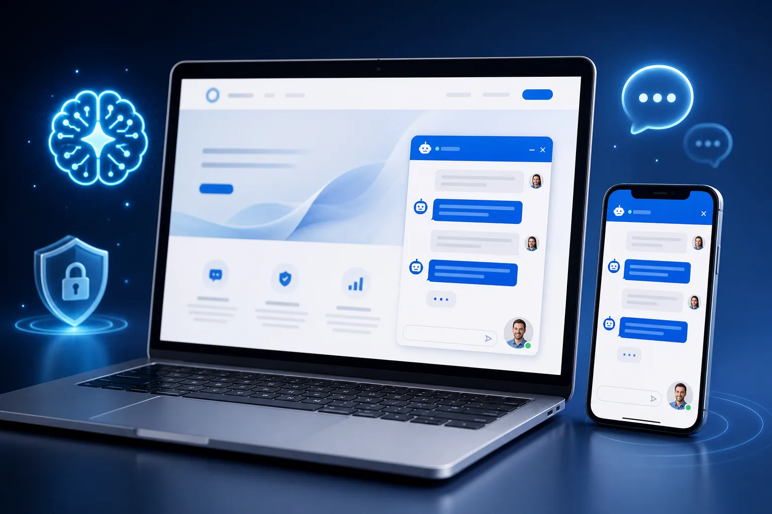 IMSupporting WordPress live chat plugin shown on a laptop and mobile phone with the hybrid AI live chat widget open in the corner of a WordPress website